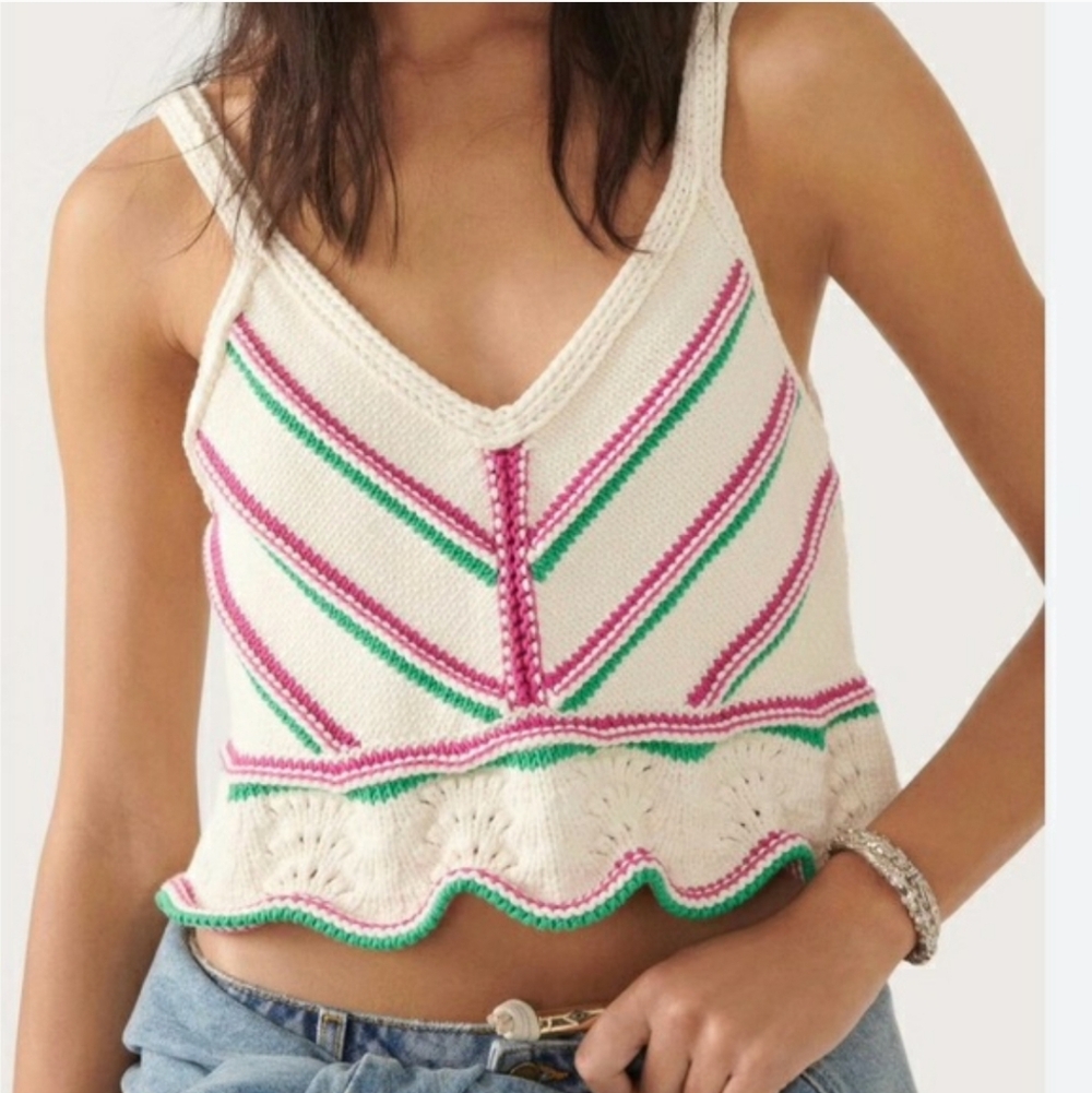 ba&sh Cream Knit V-Neck Tank with Pink and Green Stripes